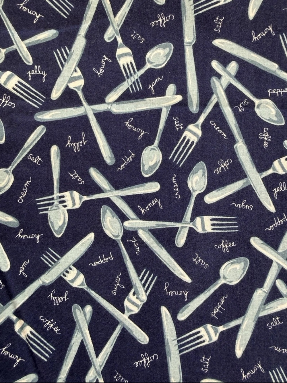 VTG Fabric Traditions 1993 Quilting Cotton Blue Forks Spoons Food Words 2+ yrds